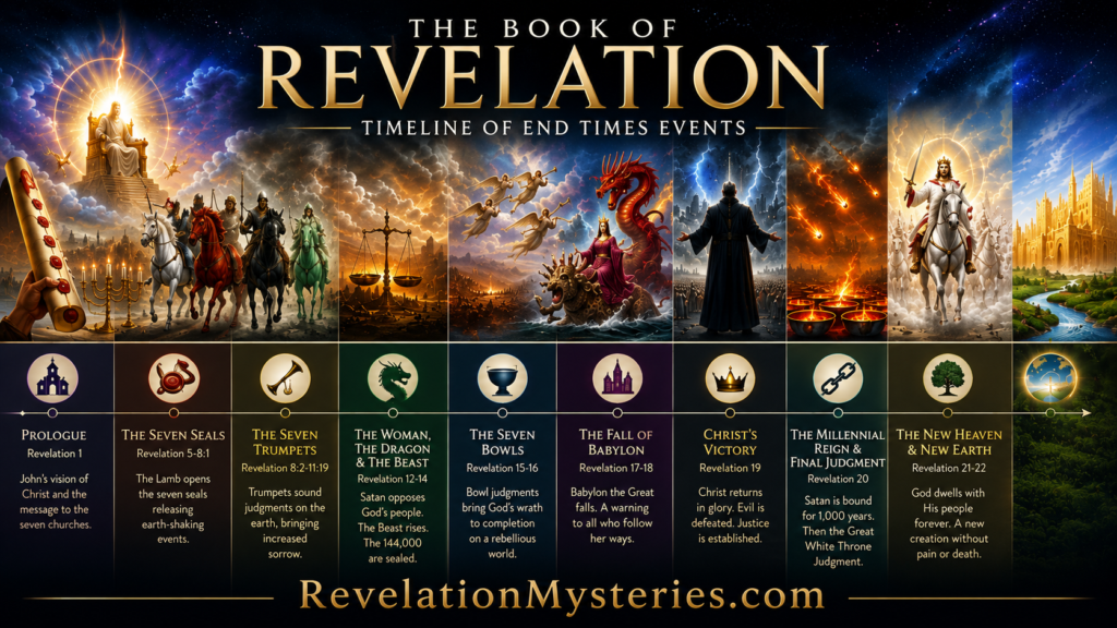 book of revelation timeline, chronological order of revelation, book of revelation explained, timeline of revelation events, tribulation timeline