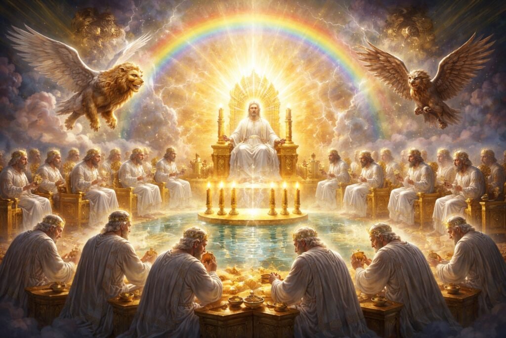 book of revelation explained, revelation 4, god's throne, 24 elders, 4 living creatures