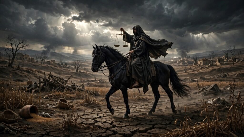 4 horsemen of the apocalypse, 4 horsemen in revelation, 4 horses and rider revelation, rider on black horse revelation